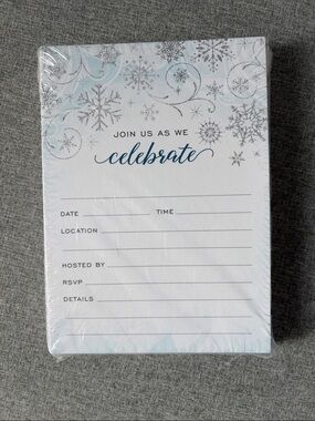 NEW PACK Invitations & Envelope Winter Snowflake Silver Blue White Party Holiday
